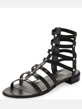 Stuart Weitzman Caesar Black Gladiator Strappy Flat Sandals - Women's
